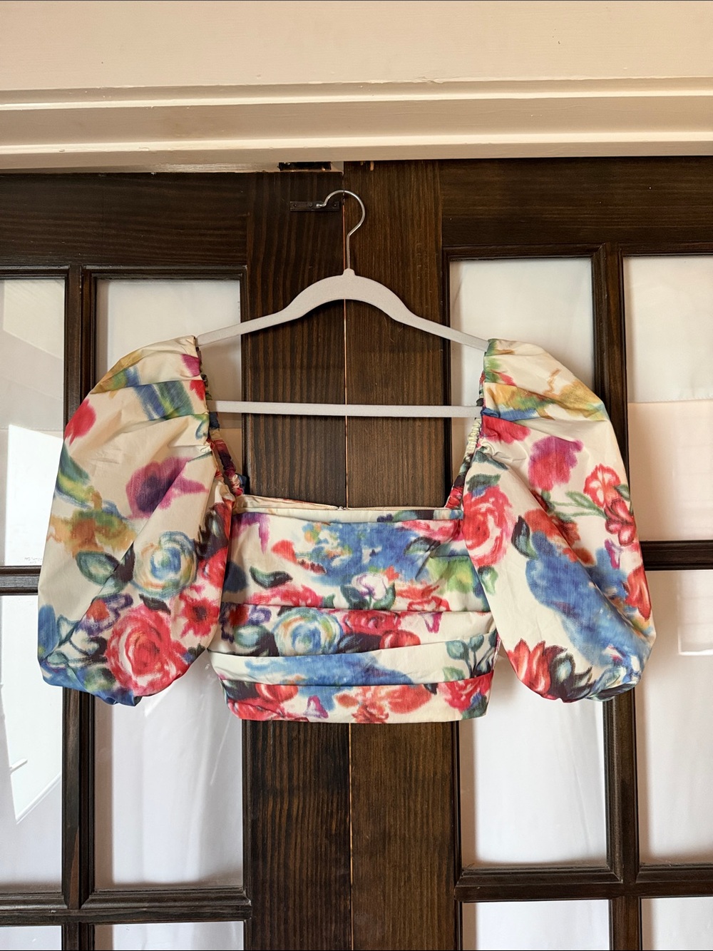 Amanda Uprichard Floral Puff-Sleeve Crop Top - Cream, Red, Blue, Green